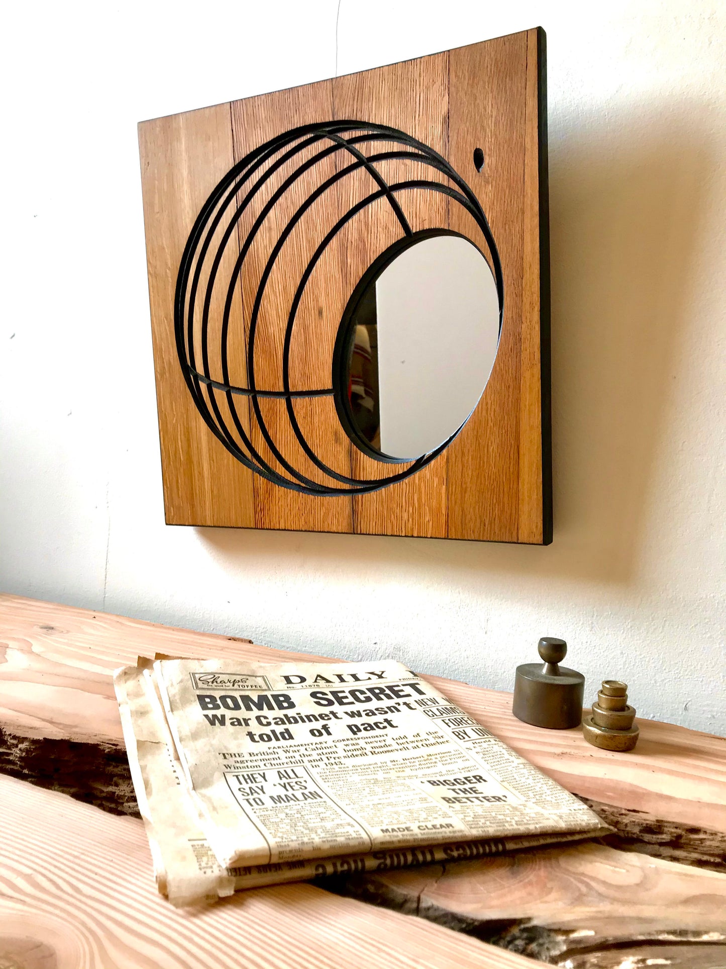 Contemporary Square Rustic Oak 'Globe' Mirror