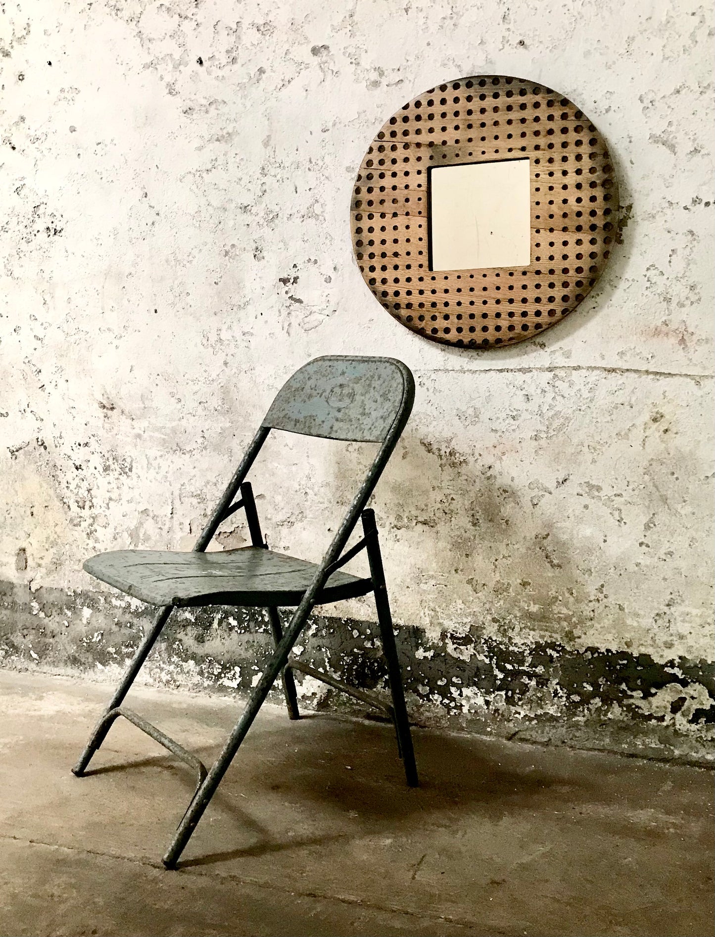 Round Solid Oak Rustic Wall Mirror - Dots