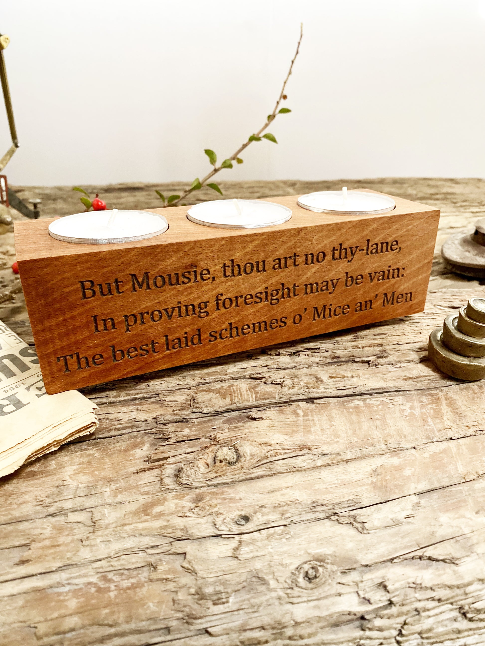 Robert Burns quotation etched into wooden tealight candle holder