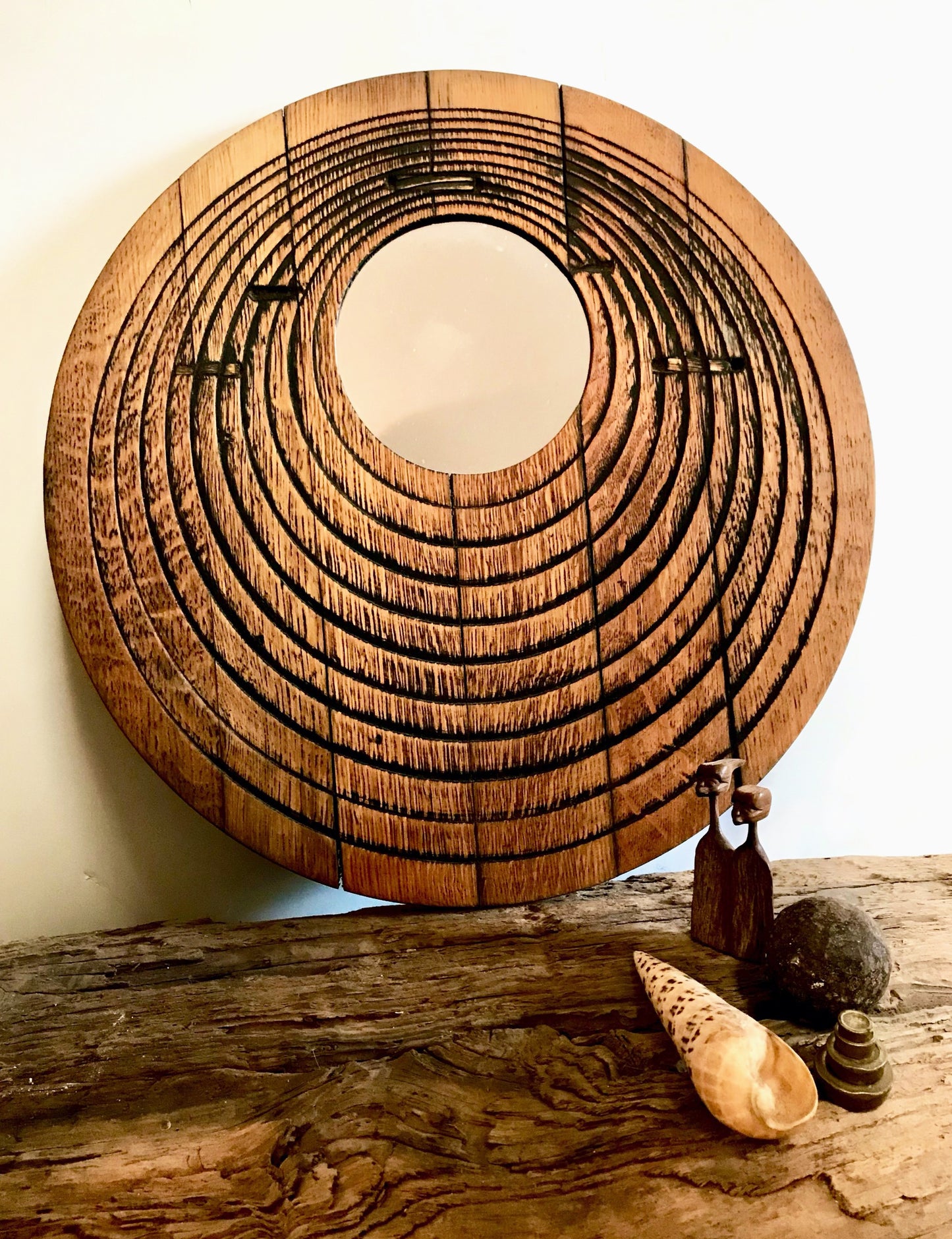 Rustic Oak Wall Mirror - Geometric Ripples