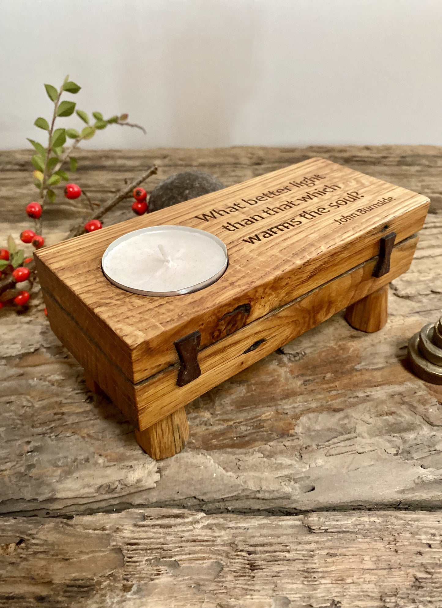 Rustic large tealight candle holder with wellbeing mediative quotation