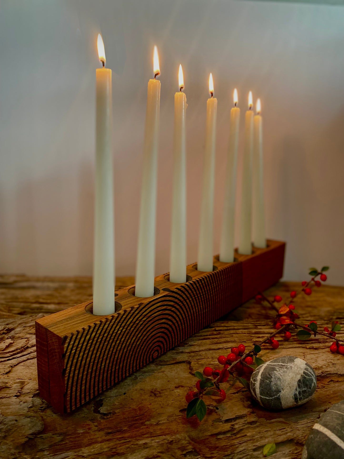 Reclaimed oak multi-wick candle holder with etched geometric pattern