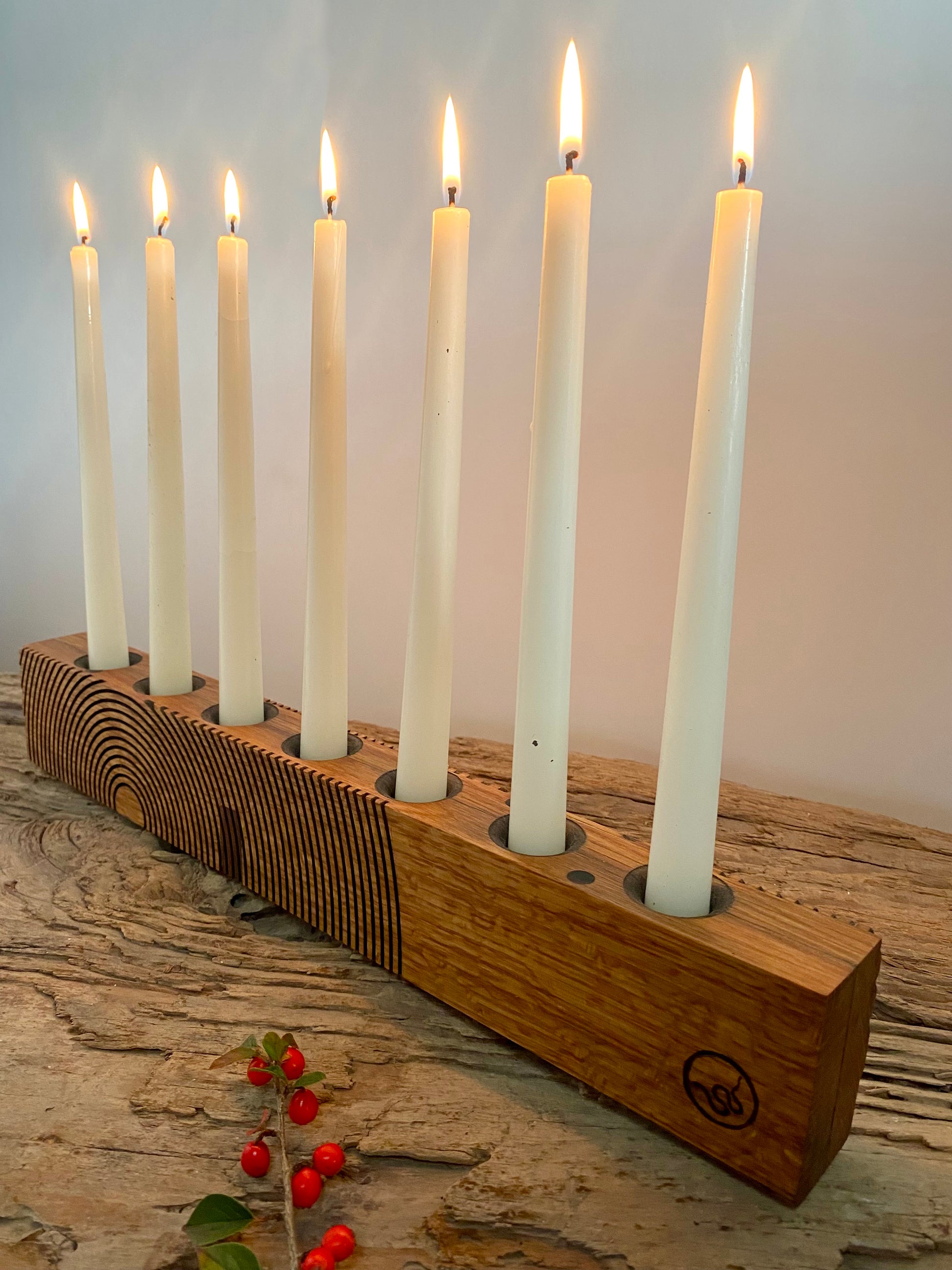 Reclaimed oak multi-wick candle holder with etched geometric pattern