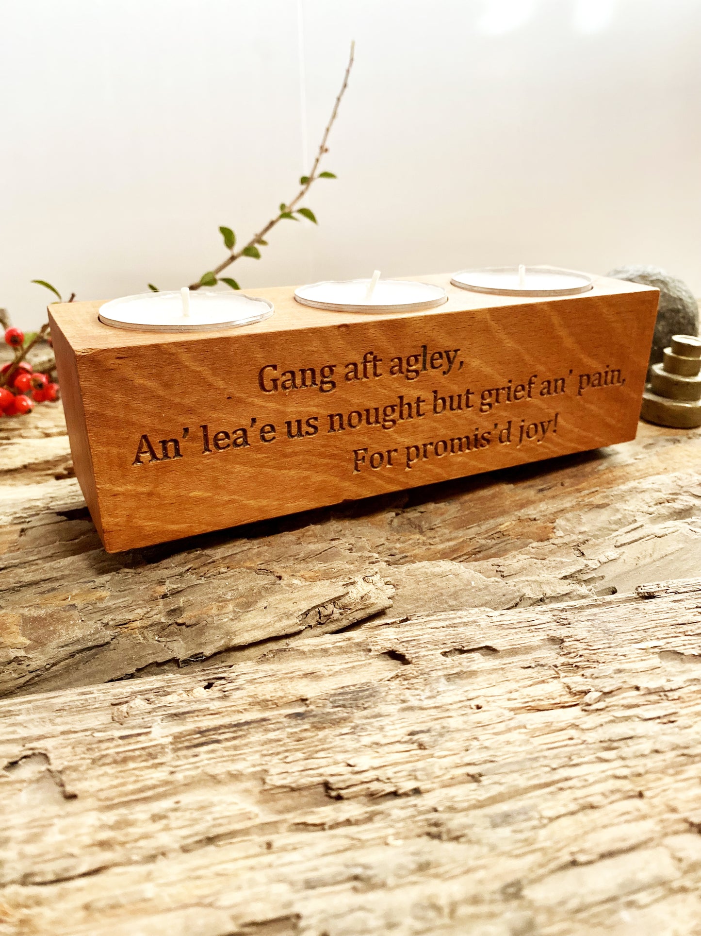 Robert Burns quotation etched into wooden tealight candle holder