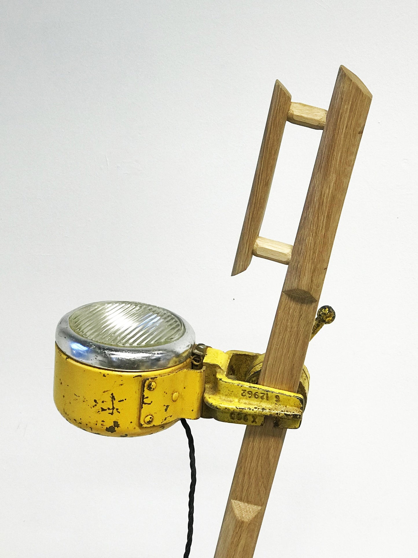 A pair of upcycled lights using rustic oak and a pair of vintage spotlights