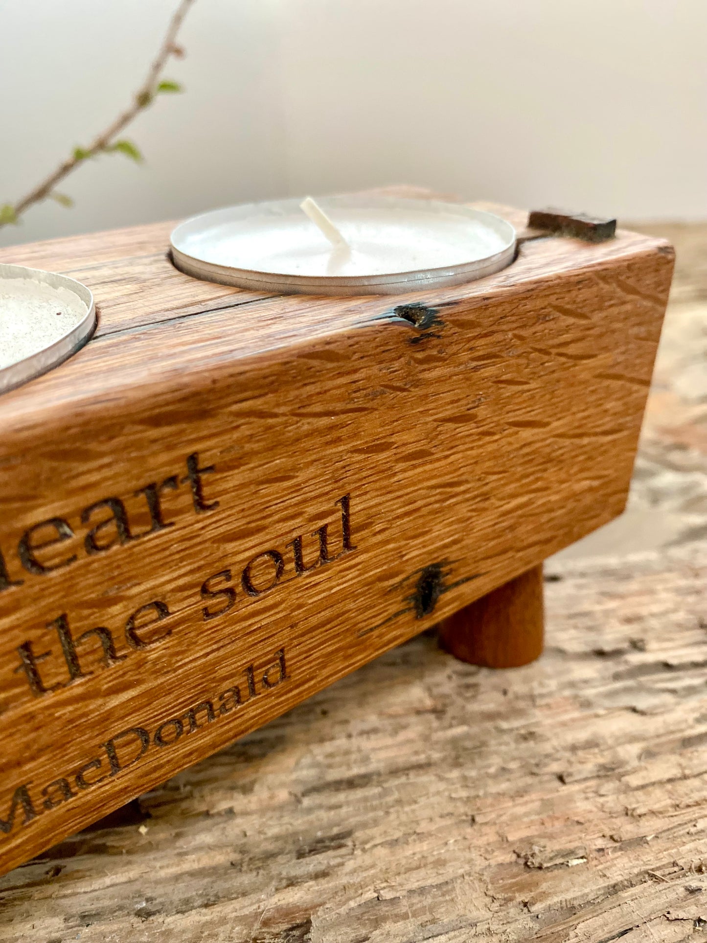 Centre piece tealight candle holder with engraved poem my George MacDonald