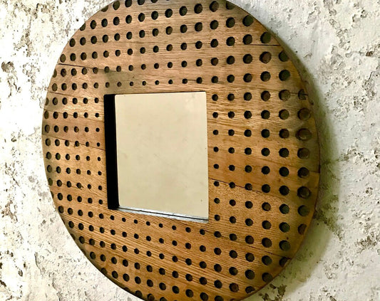 Round Solid Oak Rustic Wall Mirror - Dots