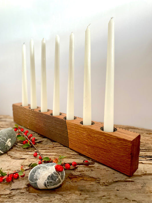 Reclaimed oak multi-wick menorah centre piece candle holder with etched geometric pattern