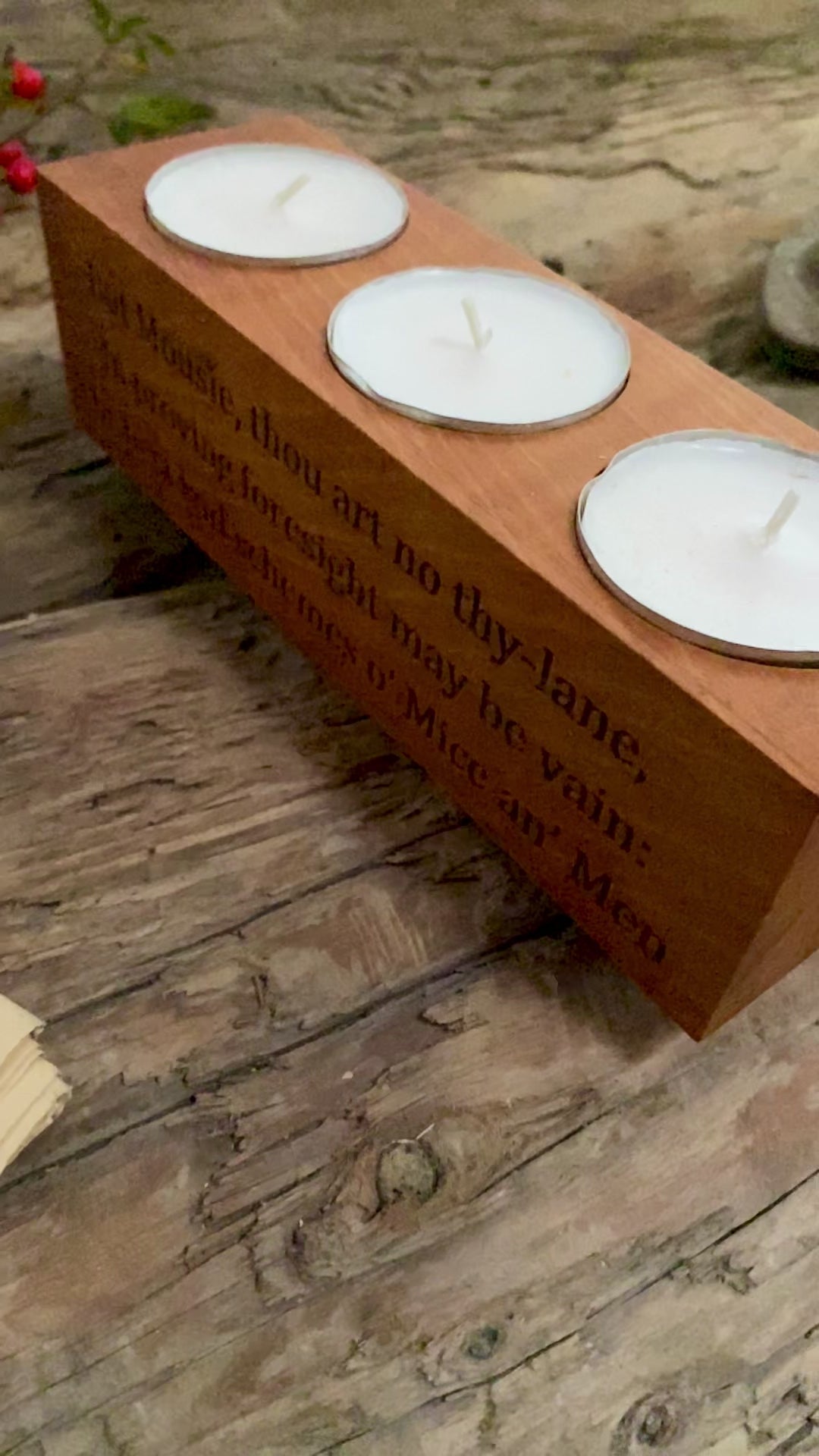 Robert Burns quotation etched into wooden tealight candle holder