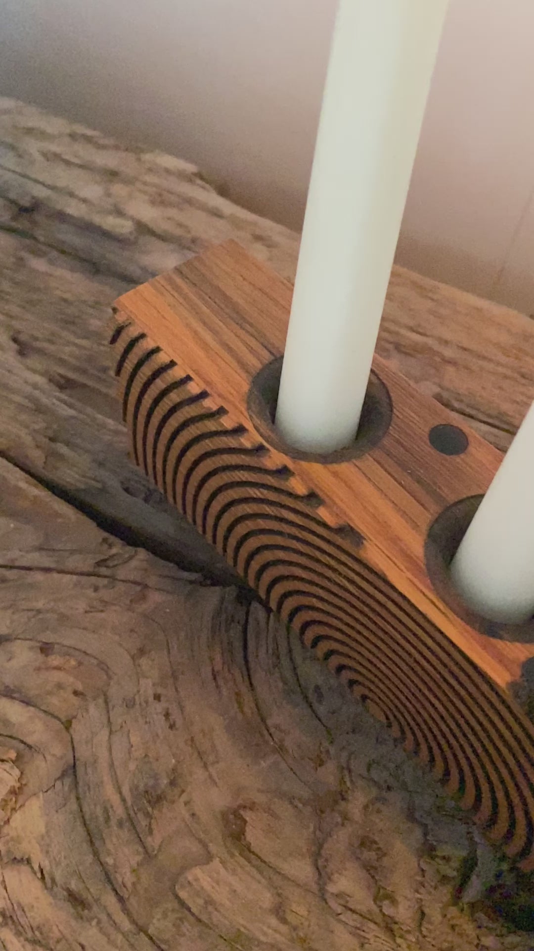 Reclaimed oak multi-wick candle holder with etched geometric pattern