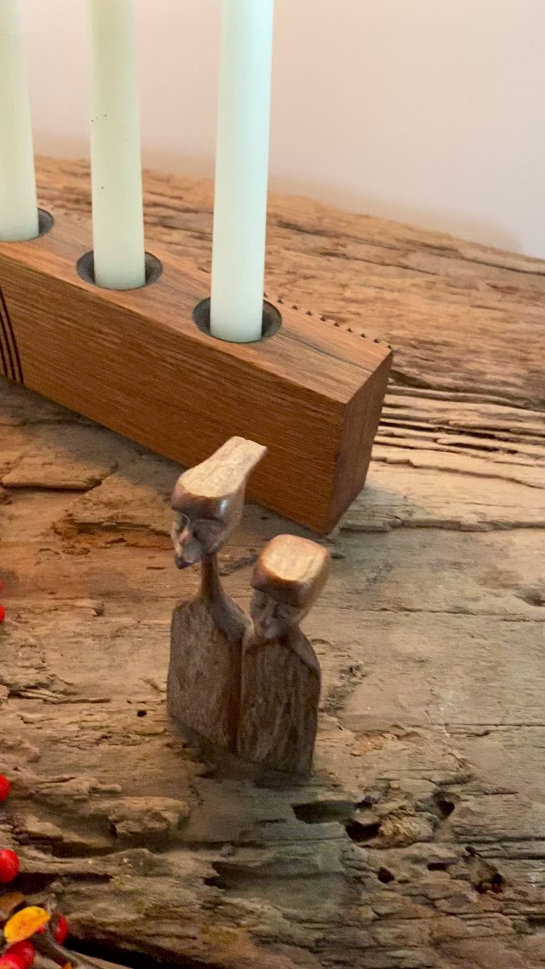 Reclaimed oak multi-wick candle holder with etched geometric pattern