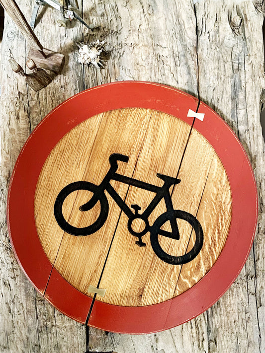 Rustic Oak Bike Wall Art Road Sign - Handmade Road Sign for Cyclists