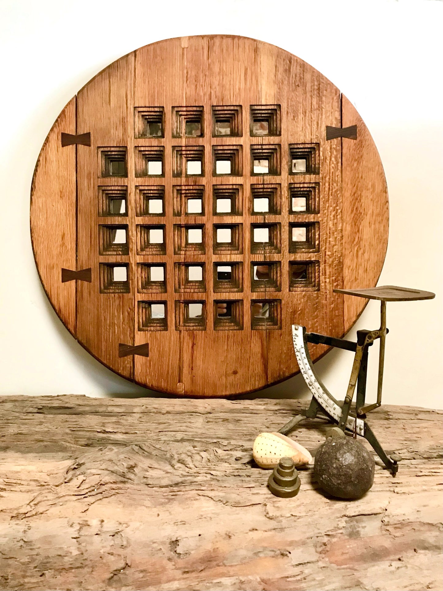 Oak Pixellated Round Wall Art Mirror